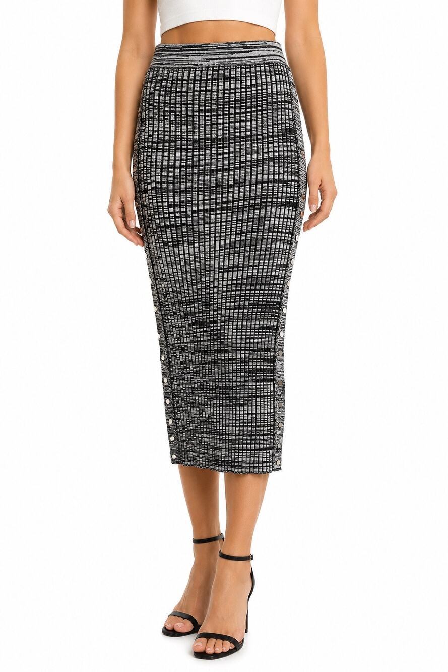 House of Harlow 1960 Knit Ribbed Marled Midi Skirt Women's L Side Buttons Gray